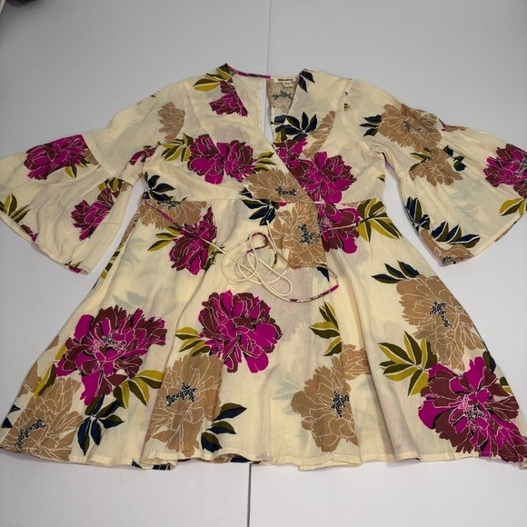Billabong Divine Floral Mini Wrap Dress L Bell Sleeve Boho Festival - Picture 6 of 9